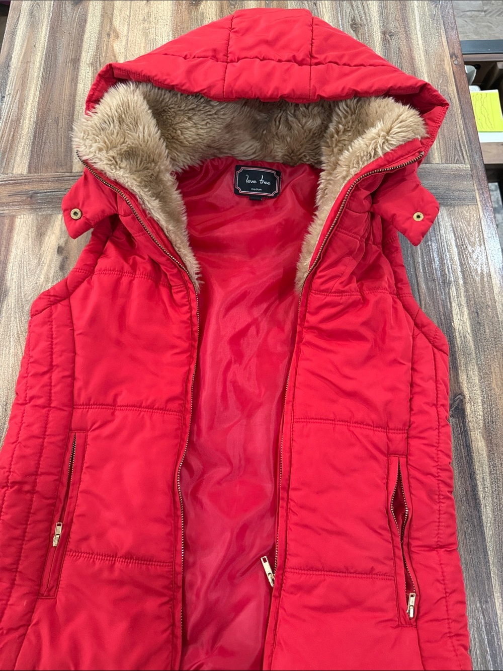 Love Tree Red Quilted Hooded Puffer Vest with Faux Fur Trim